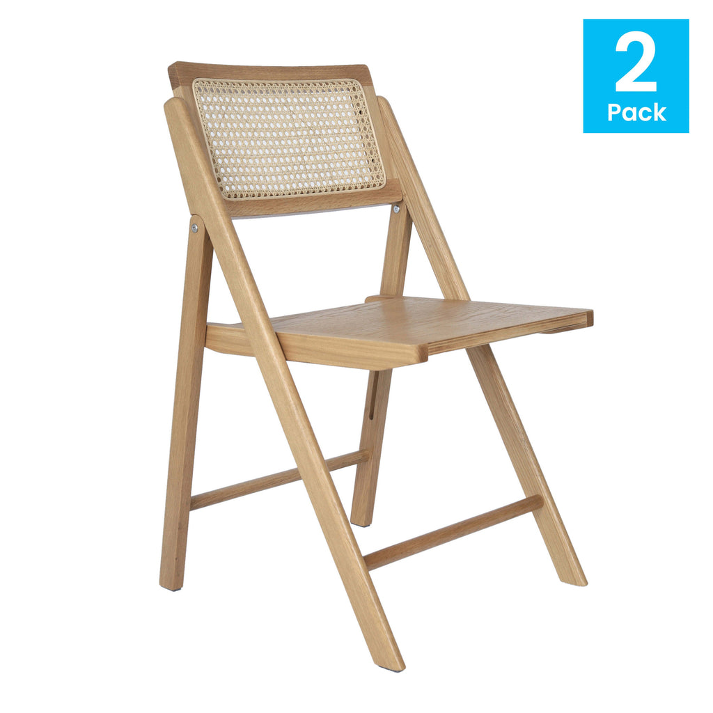 Galene Set of 2 Cane Rattan Folding Chairs with Solid Wood Frame and Seat and Ventilated Back, Perfect for Events or Additional Seating