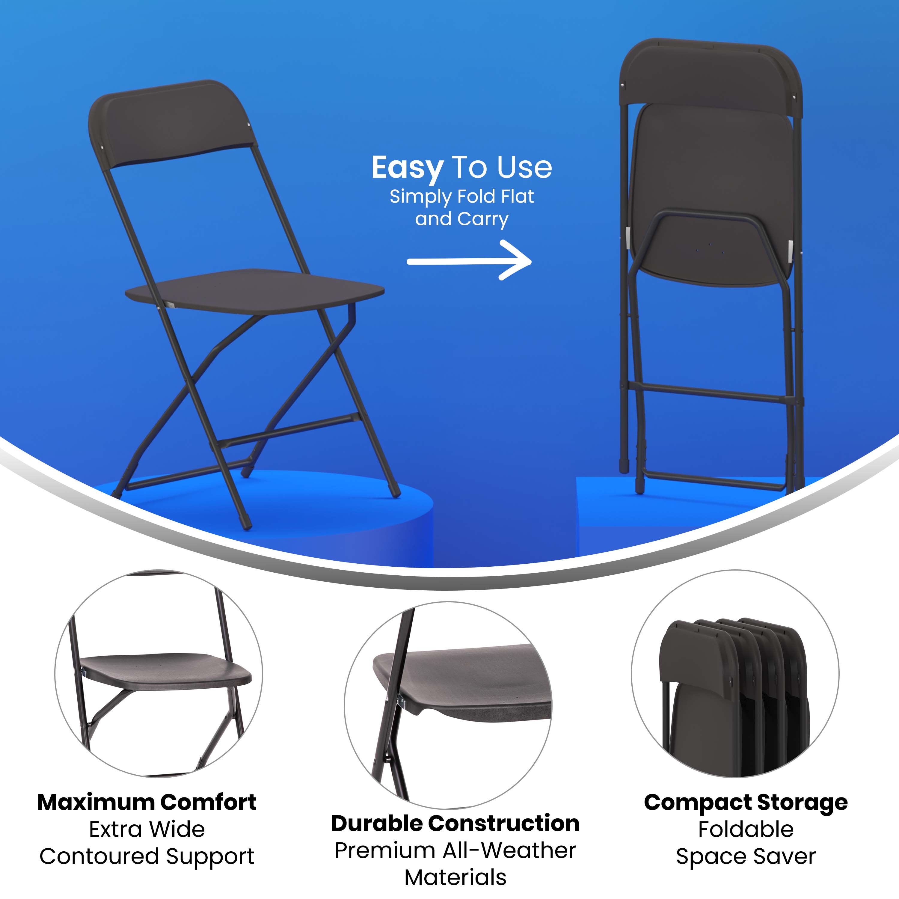Big and Tall Commercial Folding Chair - Extra Wide 650LB. Capacity - Durable Plastic - 4-Pack